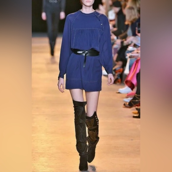 Isabel Marant Beaded Georgette Adele Shirt Dress Navy Blue Runway Fall 2015 - Picture 2 of 16